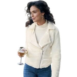 Soft Surroundings Women's Light Gray Cozy Fuzzy Asymmetrical Moto Jacket Size M